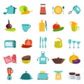 Vector illustration of kitchen utensils, household appliances and food