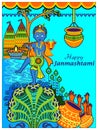 God Krishna playing flute on Happy Janmashtami festival background of India