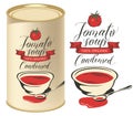 Vector illustration of label for condensed tomato soup with handwritten inscriptions on light background and tin can with this