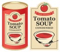 Vector illustration of label for condensed tomato soup with the image of a tomato on light background and red tin can with this Royalty Free Stock Photo