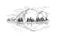 Vector illustration with lake and hills. Hand drawn mountain landscape. Sketch of scenery with reflection on water.