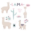 Vector illustration. Lama collection with cute objects, hearts, abstract patterns. Royalty Free Stock Photo