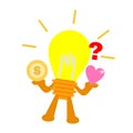 Vector illustration lamp idea confuse choose love and money flat design cartoon style