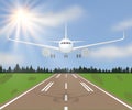 Vector illustration of a landing or taking off plane with forest, grass and sun on sky background Royalty Free Stock Photo