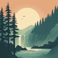 Vintage Poster Design: Serene Waterfalls, Trees, And Mountains