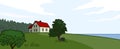 Vector illustration of landscape with house, trees, forest and w