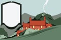 Vector illustration. Landscape. Houses in the mountains among the trees. Space for messages