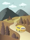 Vector illustration landscape with mountains, road and bus