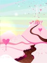 Vector illustration. Landscape with a river of chocolate and sugar mountains.