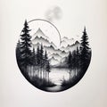 Black silhouette, tattoo of a landscape river, trees, mountains on white isolated background. Vector Royalty Free Stock Photo