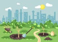 Vector illustration landscape, scenery, view, scene, planting garden seedlings of tree watering from geek, wheelbarrow