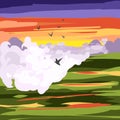 vector illustration of the landscape. sunset, clouds and birds. Royalty Free Stock Photo