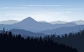 Vector illustration, Landscape view with sunset, sunrise, the sky, clouds, mountain peaks, and forest. for the website background