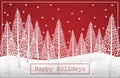 Landscape with pine trees on snow hill and Happy Holidays text on red sky with snow falling Royalty Free Stock Photo