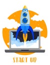 Vector illustration of Laptop with Rocket quick Start up business concept in flat style. Royalty Free Stock Photo