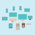 Vector illustration of a large set of flat icons of digital smartphone computers monitors modems on a blue background. Royalty Free Stock Photo