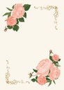 Vector illustration of large tender pink roses and peonies in a vertical frame