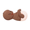 Vector illustration of a laughing African American newborn baby in a diaper lying on his back