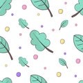 Vector illustration of leaves and color circles seamless pattern. Floral organic background. Hand drawn leaf texture. Royalty Free Stock Photo