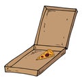 Slice of pizza in the box icon. Vector illustration of leftover pizza in a box. Hand drawn slice of pizza