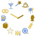 Leisure time. Activities icons in a watch sphere with hours.