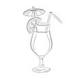 Line art illustration of cocktail glass with lemon drink. Lemonade glass