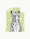Vector illustration of leopard portrait in linocut style isolated on white. Hand drawn sketch of stylized jaguar for print.