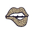 Vector illustration of leopard print lips parted with teeth bitten. Isolated color icon . Royalty Free Stock Photo