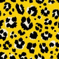 Vector illustration leopard print seamless pattern. Yellow hand drawn background.