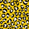 Vector illustration leopard print seamless pattern. Yellow hand drawn background.