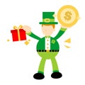 Vector illustration leprechaun choose gift box and gold money dollar coin flat design cartoon style Royalty Free Stock Photo