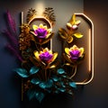 Vector illustration of the letter D decorated with flowers and leaves on a dark background. generative AI