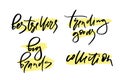 Vector illustration of lettering or calligraphy of words bestsellers big brands trending goods collection. Banner for homepage, em