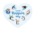 Seven funny penguins in cartoon style