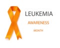 Vector illustration of the leukemia cancer awareness tape, isolated on a white background. Realistic vector orange silk