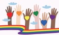 Vector illustration of LGBT community. Hands of different colors with rainbow hearts. Crowd of people with symbols at a gay parade Royalty Free Stock Photo