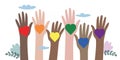 Vector illustration of LGBT community. Hands of different colors with rainbow hearts. Crowd of people with symbols at a gay parade Royalty Free Stock Photo