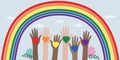 Vector illustration of LGBT community. Hands of different colors with rainbow hearts. Crowd of people with symbols at a gay parade Royalty Free Stock Photo