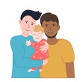 Vector illustration LGBT family. Two man and african american wihte and and child on hands.