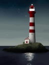 Vector illustration lighthouse in night sea. Lighthouse by sea with mountains Royalty Free Stock Photo