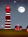 Vector illustration lighthouse in night sea. Lighthouse by sea with mountains Royalty Free Stock Photo