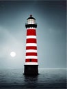 Vector illustration lighthouse in night sea. Lighthouse by sea with mountains Royalty Free Stock Photo