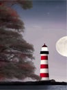 Vector illustration lighthouse in night sea. Lighthouse by sea with mountains Royalty Free Stock Photo