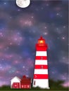 Vector illustration lighthouse in night sea. Lighthouse by sea with mountains Royalty Free Stock Photo