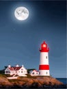 Vector illustration lighthouse in night sea. Lighthouse by sea with mountains Royalty Free Stock Photo