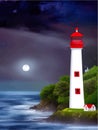 Vector illustration lighthouse in night sea. Lighthouse by sea with mountains Royalty Free Stock Photo