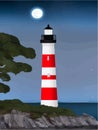 Vector illustration lighthouse in night sea. Lighthouse by sea with mountains Royalty Free Stock Photo