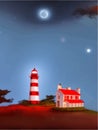 Vector illustration lighthouse in night sea. Lighthouse by sea with mountains Royalty Free Stock Photo