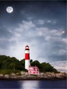 Vector illustration lighthouse in night sea. Lighthouse by sea with mountains Royalty Free Stock Photo