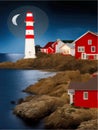 Vector illustration lighthouse in night sea. Lighthouse by sea with mountains Royalty Free Stock Photo